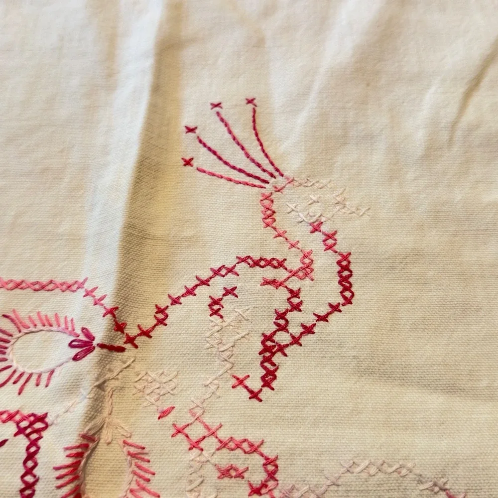 Vintage Handmade Peacock Table Runner Cross Stitch Embroidery Cottagecore Farm